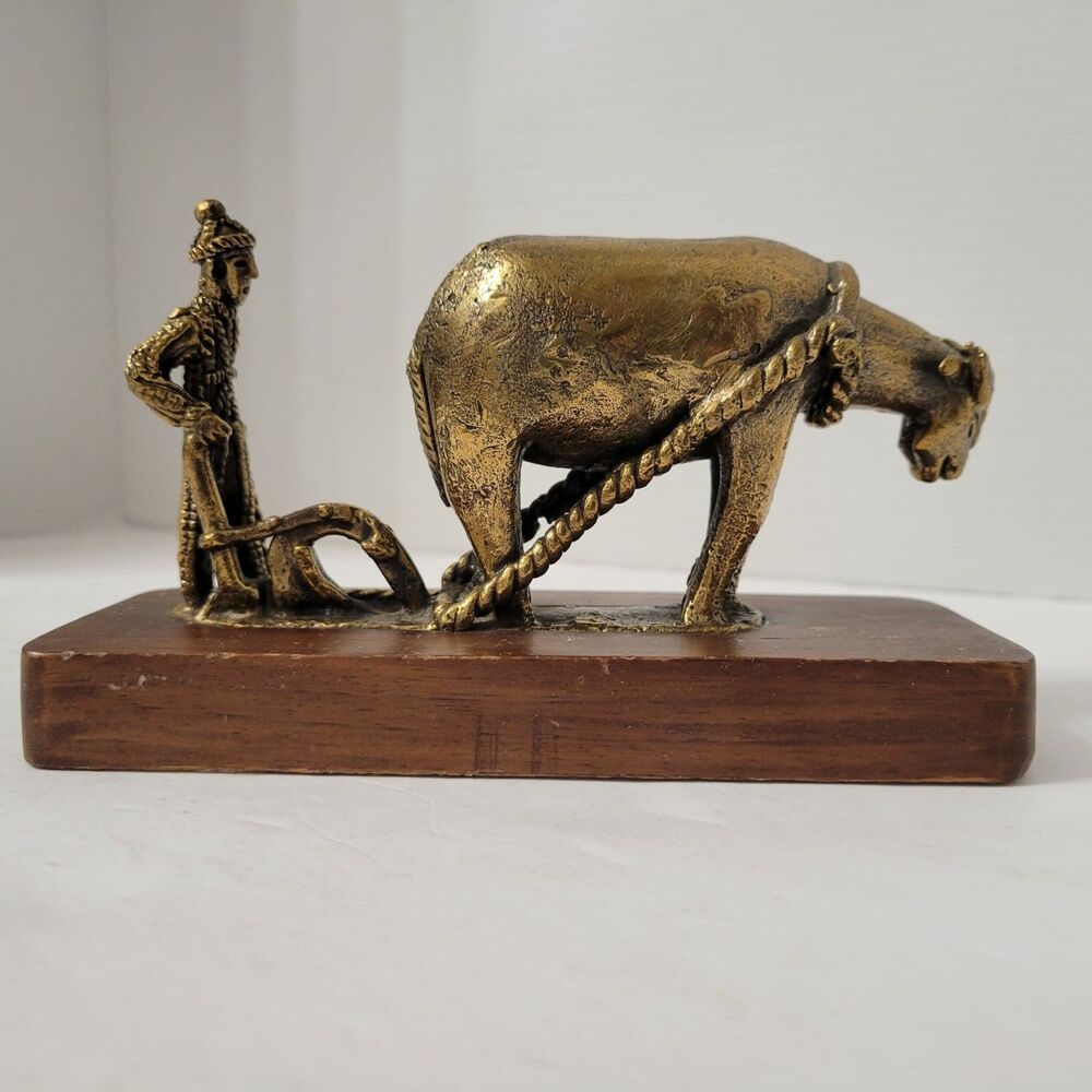 Vintage Ornate Brass Asian Farmer & Oxen Plowing Statue Wood Base Folk Art